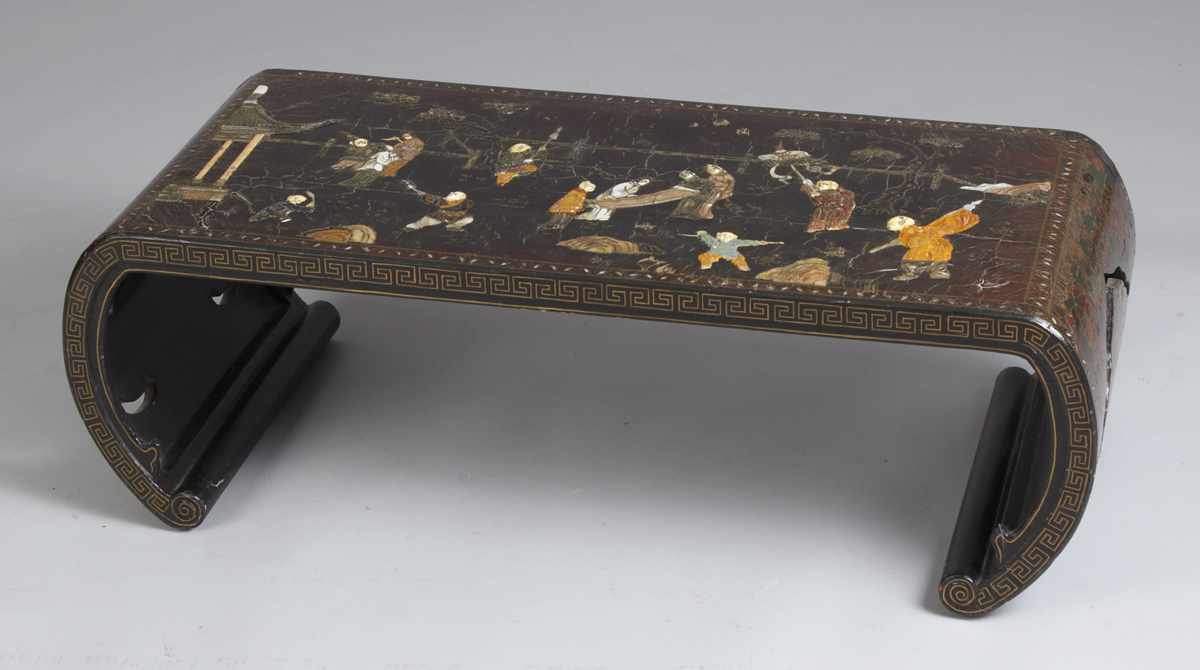 Appraisal: Oriental Lacquered Coffee Table Some hardstone mother of pearl details