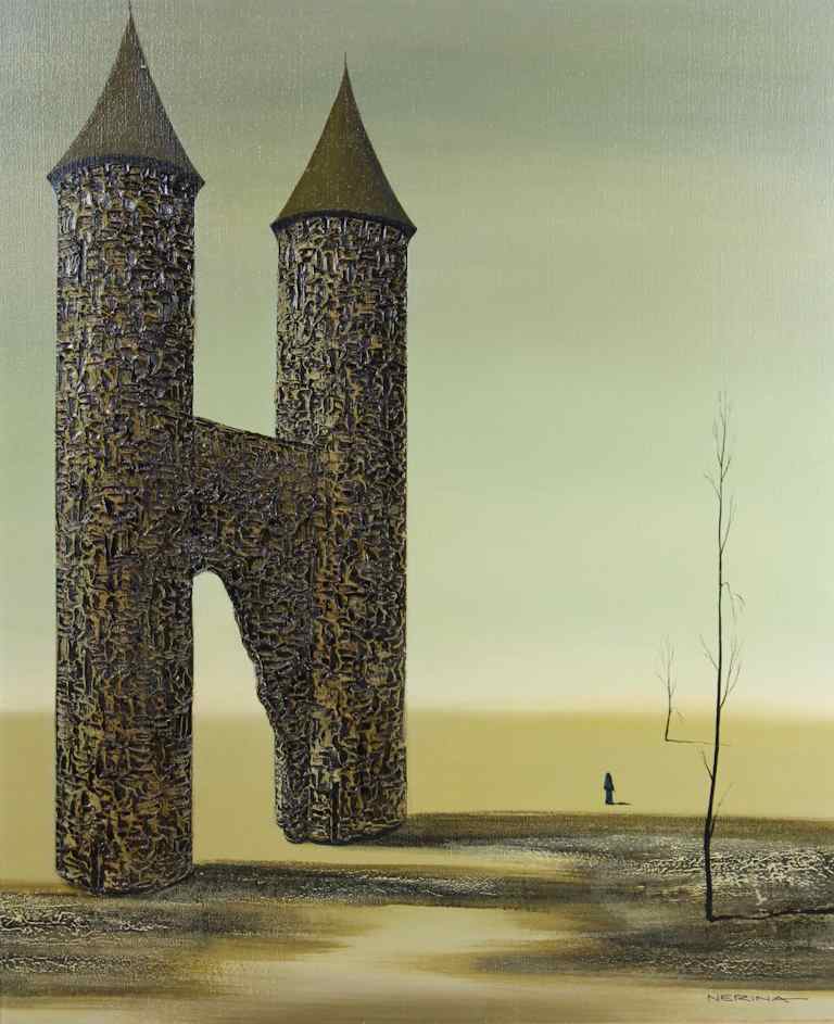 Appraisal: NERINA SURREALIST LANDSCAPE WITH TOWER Oil on canvas x in