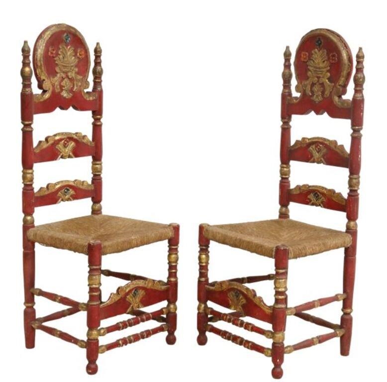 Appraisal: pair Spanish parcel gilt and painted side chairs th c