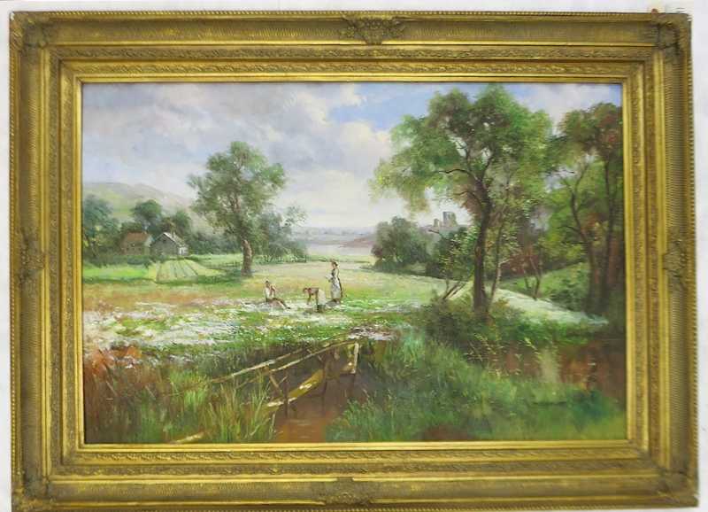 Appraisal: OIL ON CANVAS figures resting among wildflowers near a pond