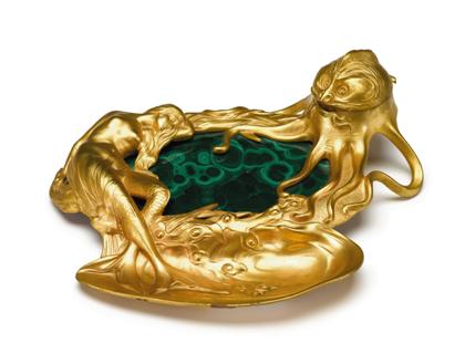 Appraisal: Austrian Art Nouveau gilt bronze and malachite inkwell circa Cast