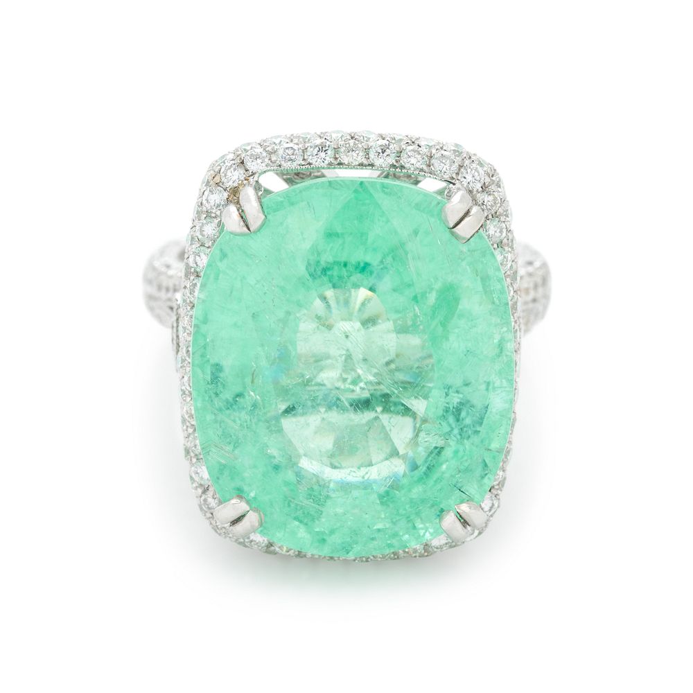 Appraisal: PARAIBA-TYPE TOURMALINE AND DIAMOND RING PARAIBA-TYPE TOURMALINE AND DIAMOND RING