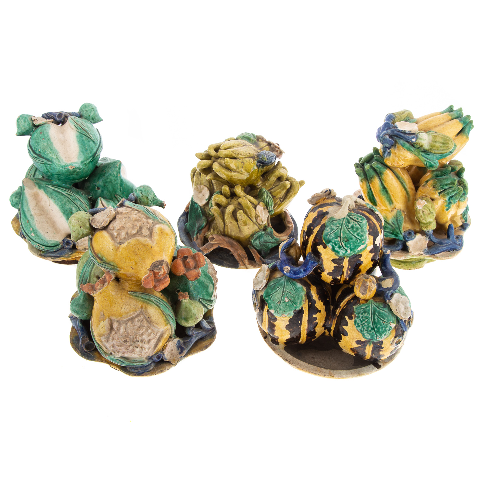 Appraisal: FIVE CHINESE GLAZED TERRACOTTA VOTIVE OFFERINGS Fruit and vegetable offerings