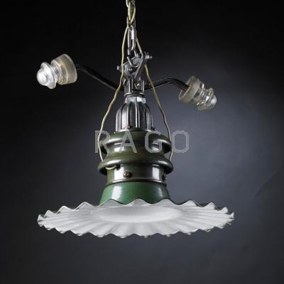 Appraisal: DESIGNER Industrial style hanging lamp late th c Enameled and