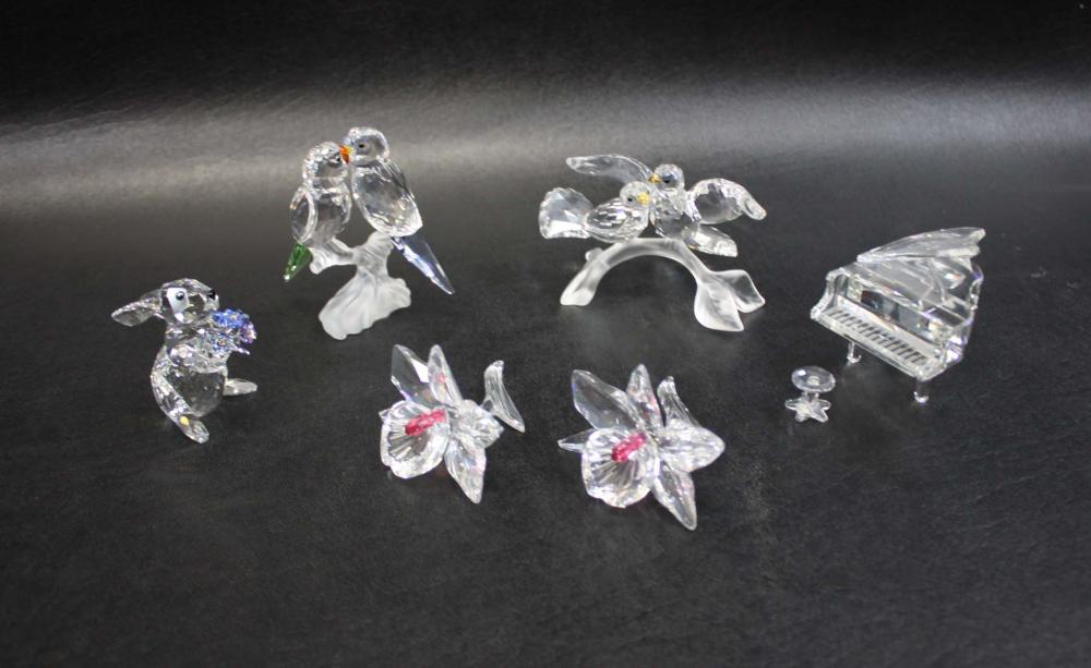 Appraisal: SIX CRYSTAL SWAROVSKI FIGURINES comprised of Budgies Piano with Stool