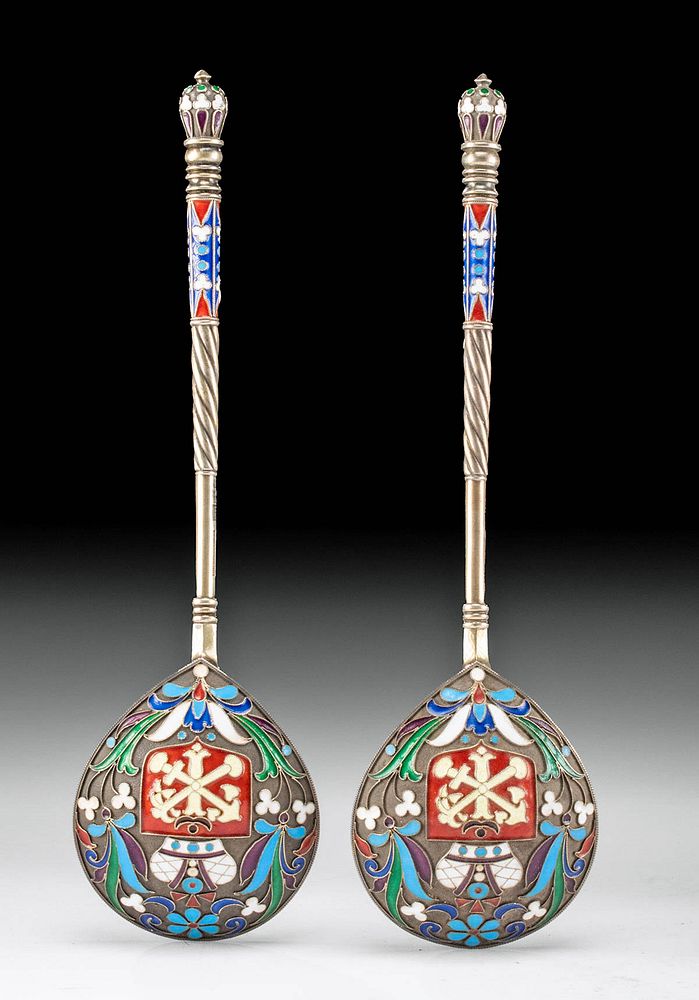 Appraisal: Pair of Russian Silver Cloisonne Imperial Spoons First Time At