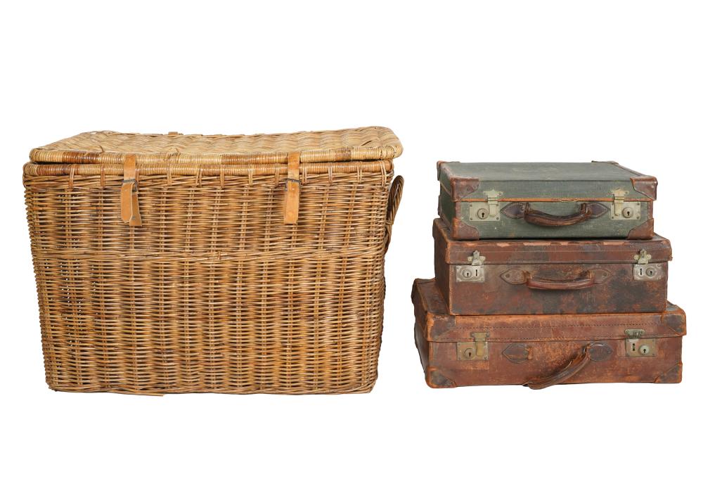 Appraisal: GROUP OF VINTAGE LUGGAGE A FRENCH LAUNDRY BASKETcomprising one leather