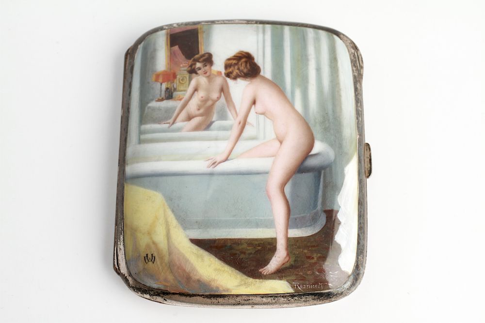 Appraisal: Silver Enamel Erotic Nude Woman Cigarette Case Silver and enamel