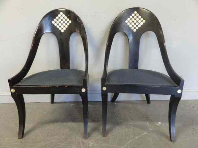 Appraisal: Pair of Midcentury Black Lacquer Gondola Chairswith Brass and Mother