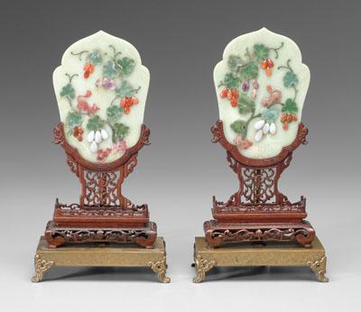 Appraisal: Pair Chinese table screens fan-shaped green softstone with applied tree