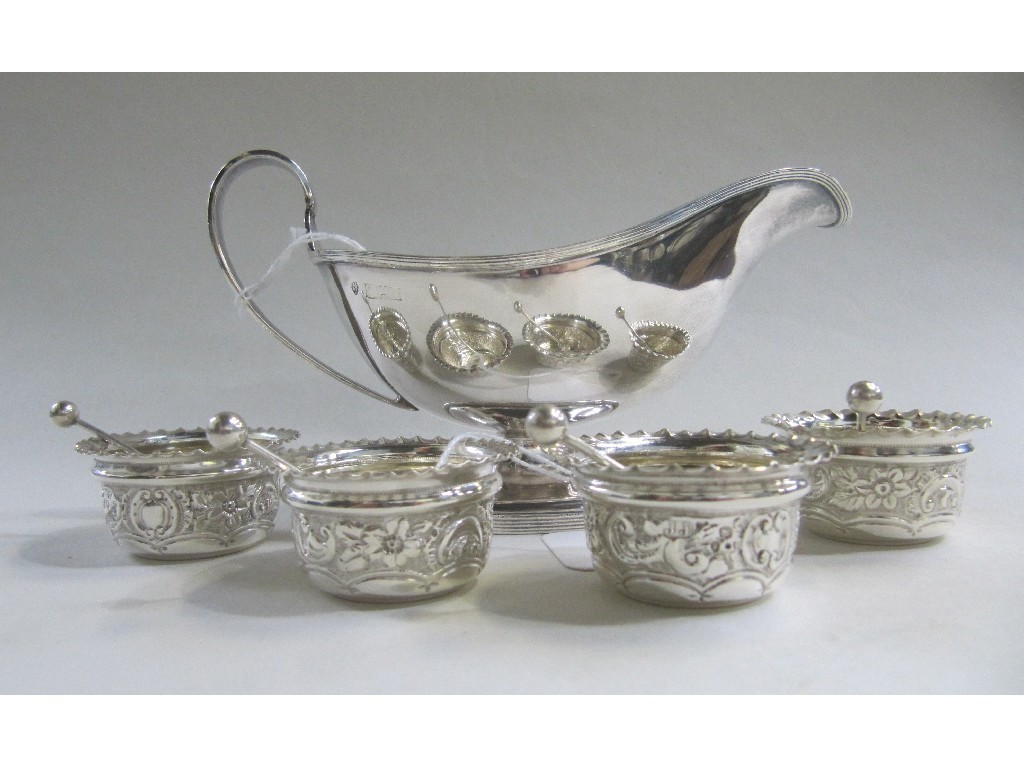 Appraisal: Lot comprising silver sauce boat and silver salts Birmingham London