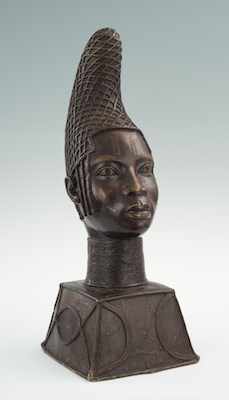 Appraisal: An African Commemorative Brass Head of Iyoba Benin Queen Mother