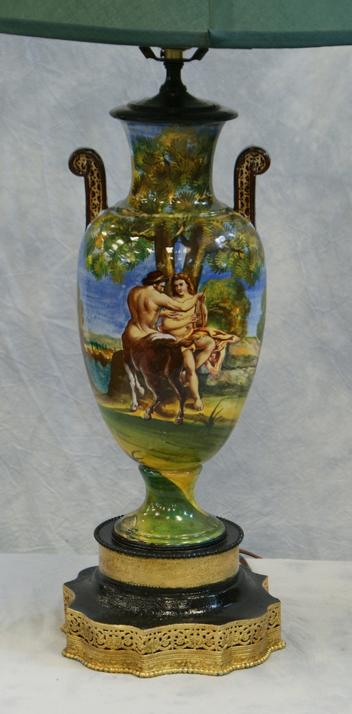 Appraisal: Italian ceramic urn mounted as a lamp centaur and maiden