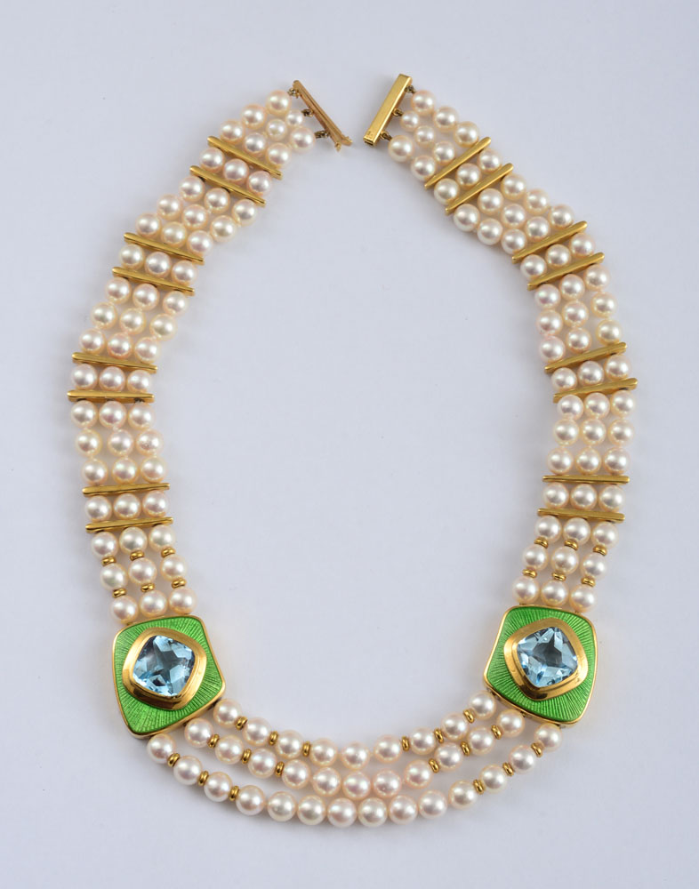 Appraisal: K GOLD CULTURED PEARL GREEN ENAMEL AND BLUE TOPAZ NECKLACE