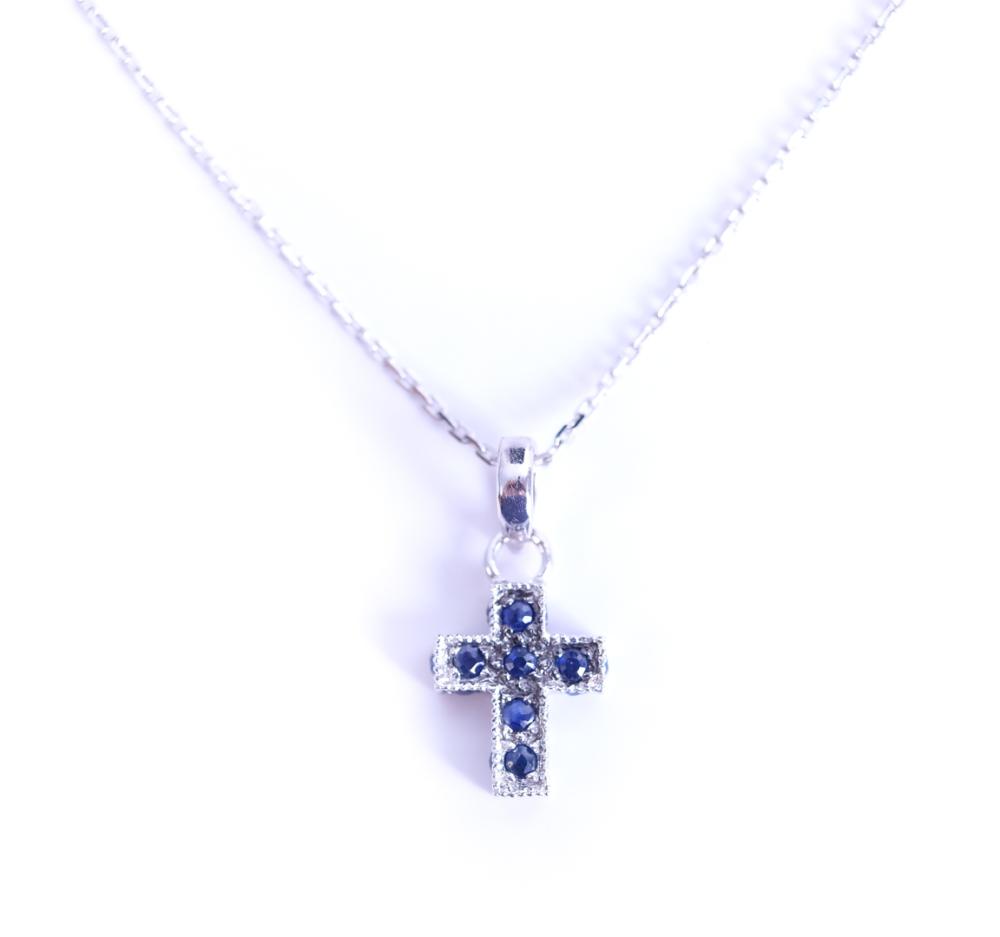 Appraisal: K WHITE GOLD SAPPHIRE CROSS PENDANT NECKLACE K white gold