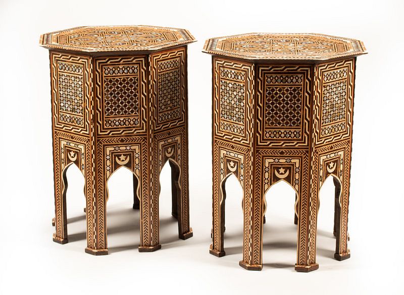 Appraisal: A Pair of Moorish Style Marquetry Tables Height x diameter