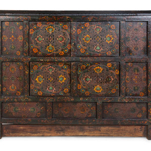 Appraisal: A Tibetan Lacquered and Tooled Pigskin Hall Chest TH CENTURY