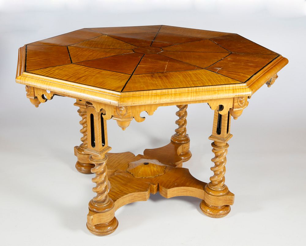 Appraisal: Tiger Maple Gothic Style Octagonal Center Table th Century Tiger