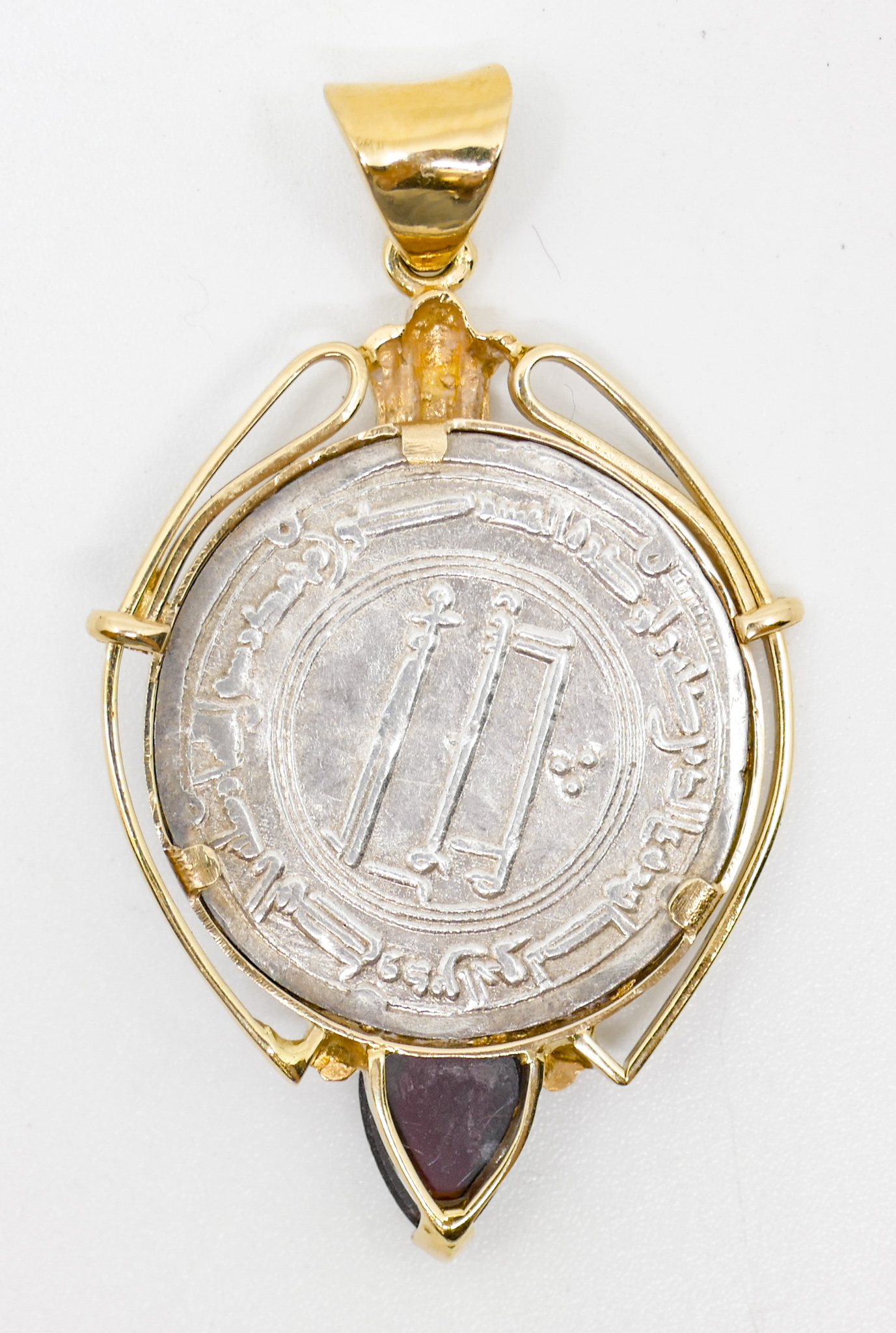 Appraisal: k Mounted Islamic Dirham Coin Pendant with Amber Teardrop Cabochon