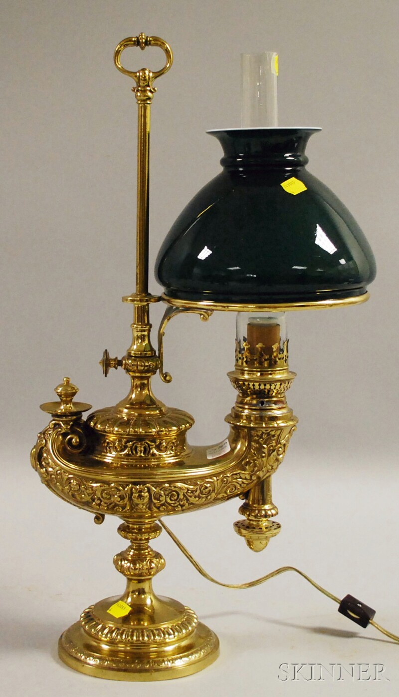 Appraisal: Wild Wessel Adjustable Brass Aladdin-style Student Lamp with Cased Green