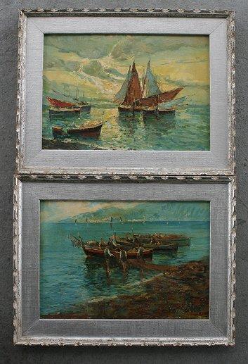 Appraisal: ITALIAN PAINTING SIGNED G BARTLETT Fishing Fleet and Fisherman Leaving