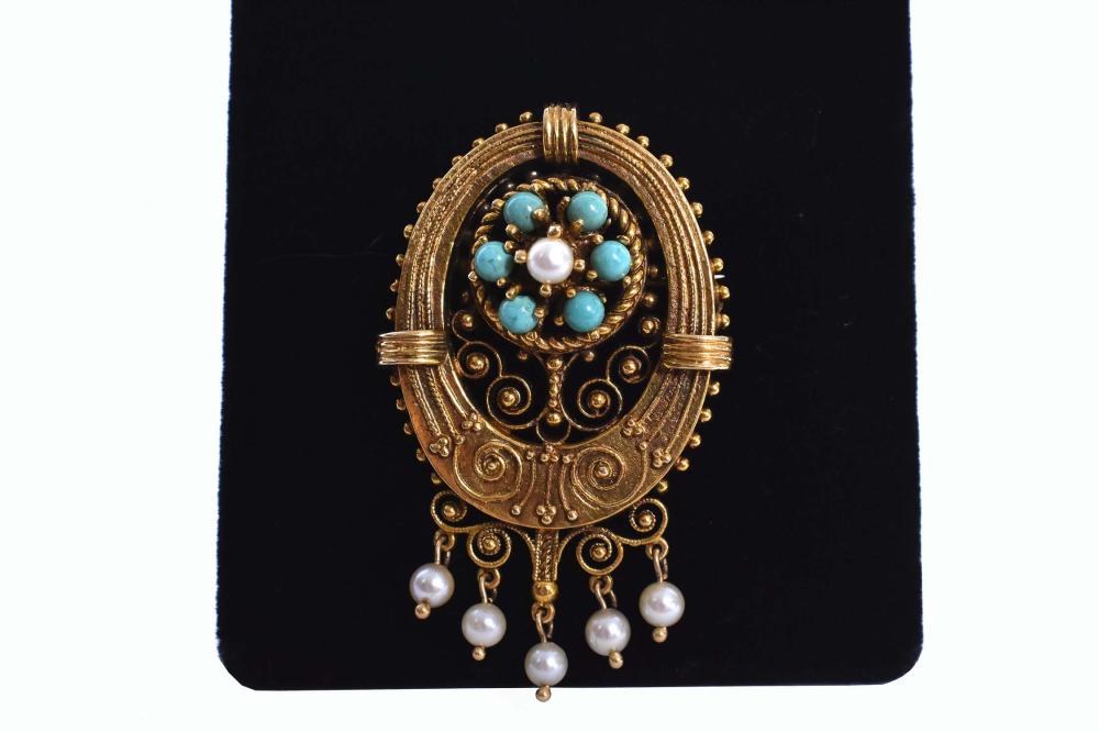 Appraisal: LADIES KT GOLD TURQUOISE AND PEARLS PENDANT PINThe engine turned