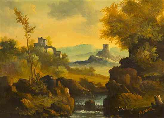 Appraisal: Means th century Waterfall by the Ruins oil on canvas