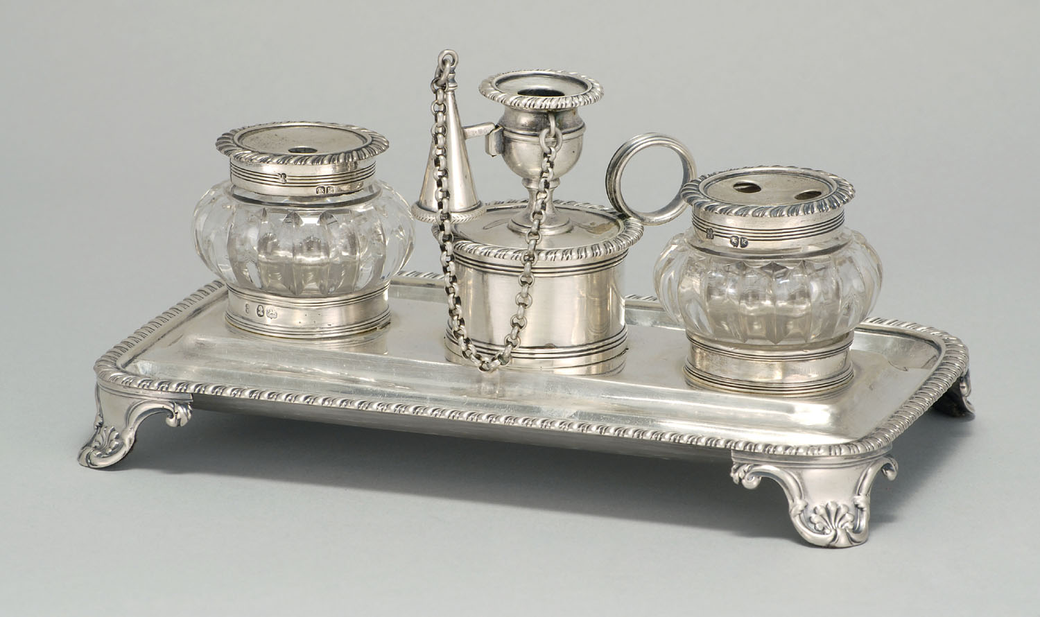 Appraisal: ENGLISH GEORGE III SILVER DESK SET London With gadroon border