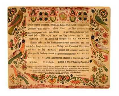 Appraisal: Fraktur Taufschein for Johann Diederly Frederick Maryland printed and decorated