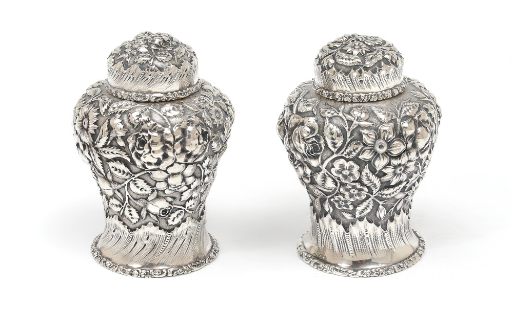 Appraisal: PAIR STIEFF REPOUSSE STERLING COVERED JARS covered jars with floral