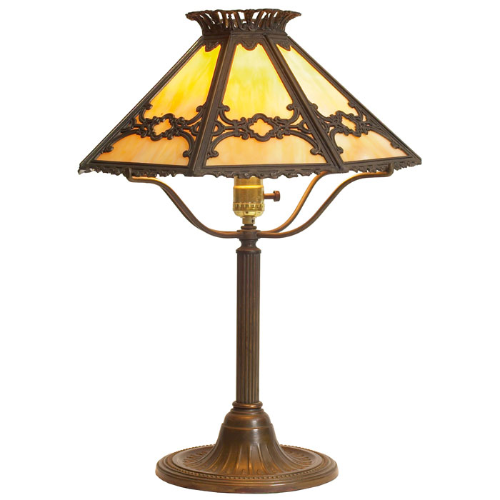 Appraisal: Bradley and Hubbard lamp eight-sided slag glass shade amber panels