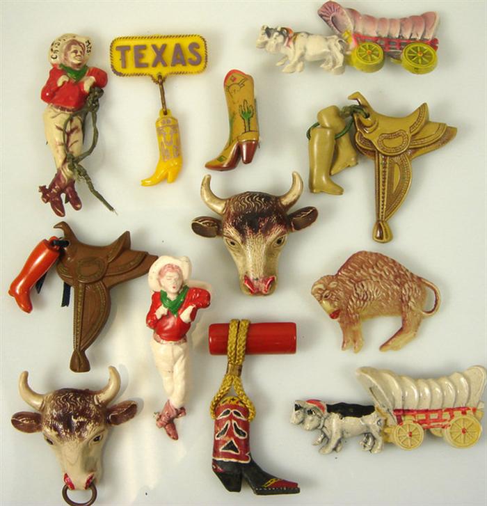 Appraisal: plastic costume jewelry Western theme pins boots buffalos saddles steer