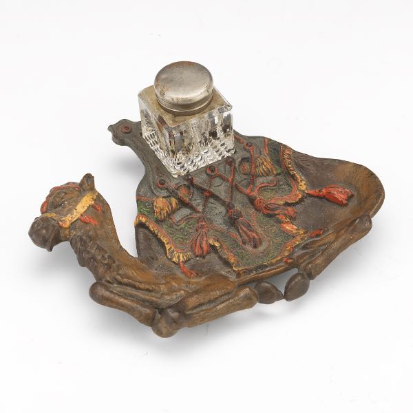 Appraisal: AUSTRIAN COLD PAINTED BRONZE CAMEL INKWELL AND TRAY x camel