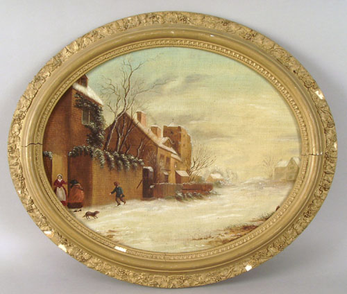 Appraisal: Pair of Dutch oval landscapes th c one depicting winter