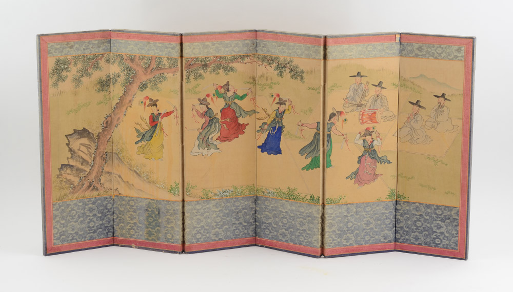 Appraisal: KOREAN PANEL PAINTED TABLE SCREEN Outdoor genre scene with figures