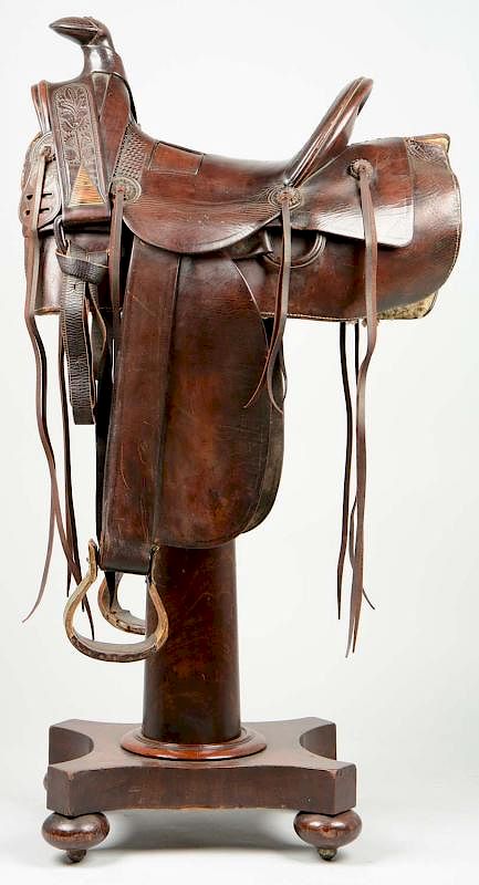 Appraisal: Deep Chestnut Brown Leather Racek Saddle And Stand This relatively