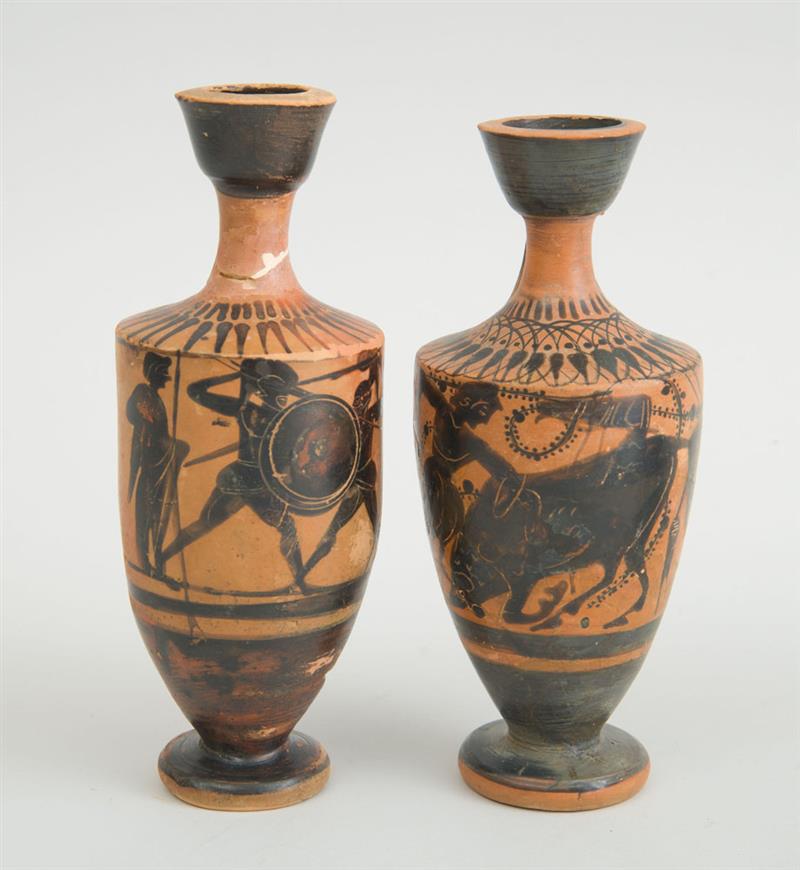 Appraisal: TWO ATTIC POTTERY BLACK-FIGURE LEKYTHOS The bull leaper reconstructed the