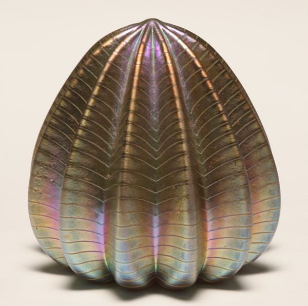 Appraisal: Robert Held iridescent studio glass paperweight Conical ribbed form Signed