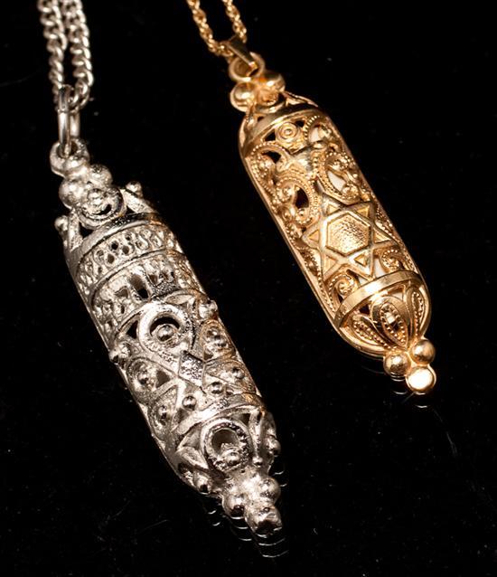 Appraisal: Two mezuzah pendant necklaces K yellow gold grams sterling silver