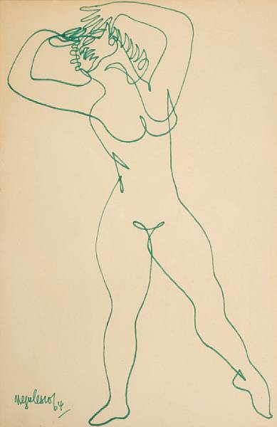 Appraisal: A Jean Negulesco continuous line drawing Rendered in green ink