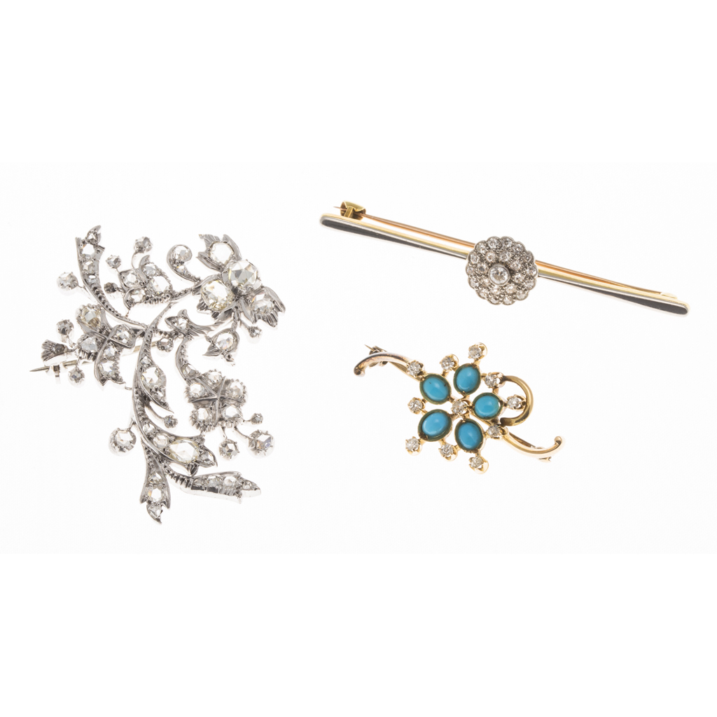 Appraisal: Three gem set brooches to include a diamond cluster bar