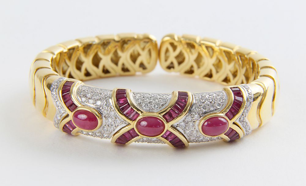 Appraisal: k Yellow Gold Ruby and Diamond Cuff Bracelet k Yellow