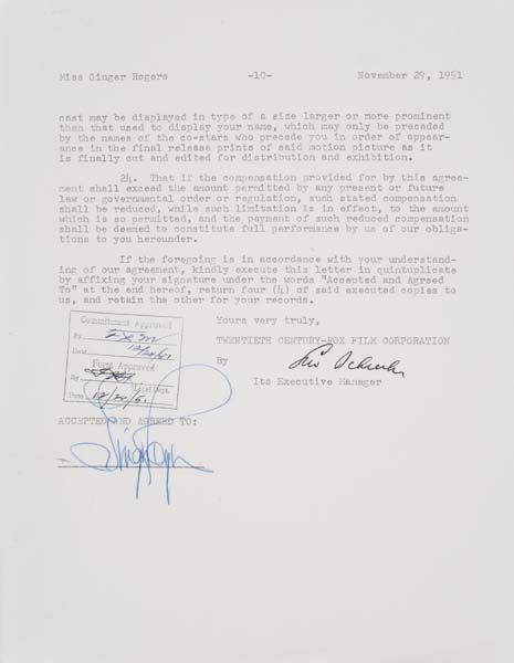 Appraisal: GINGER ROGERS Contract signed by Rogers for the role of