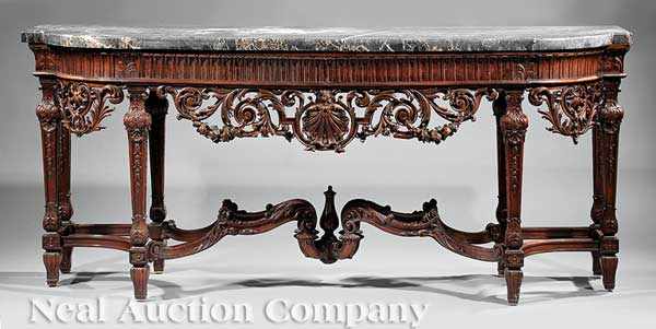 Appraisal: An Antique Louis XVI-Style Carved Mahogany Console shaped marble top