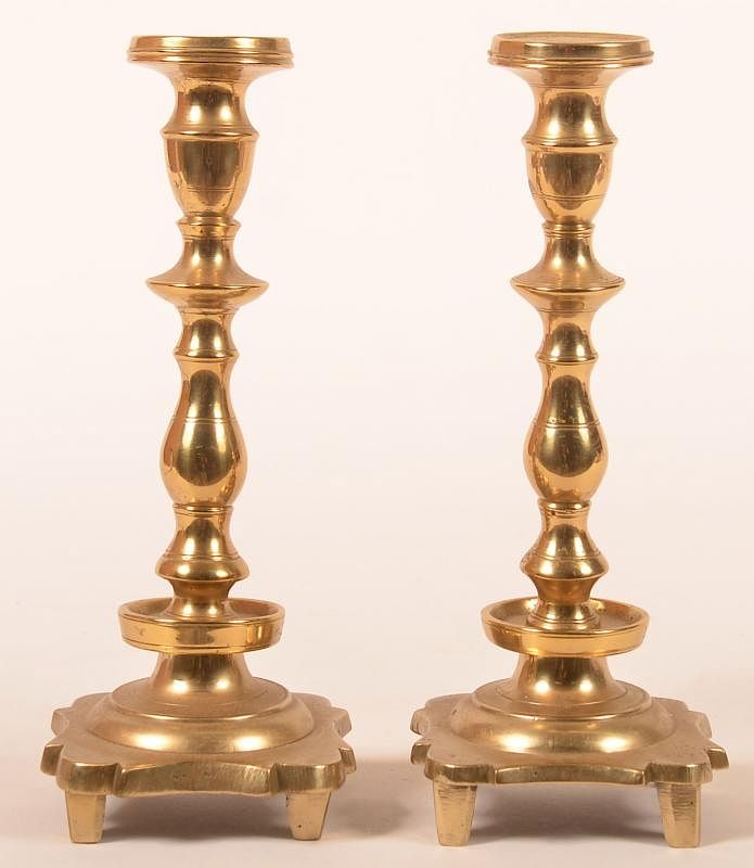 Appraisal: Pair of Queen Anne Style Brass Candlesticks Pair of Queen