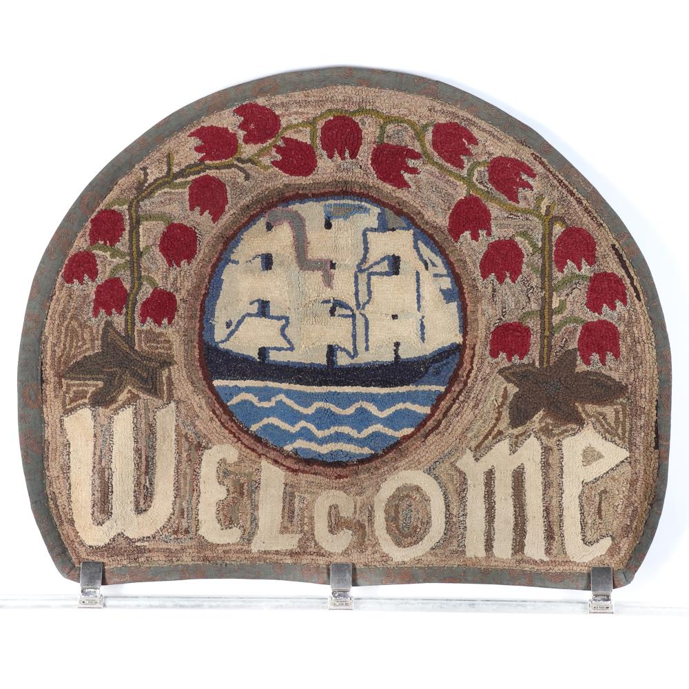 Appraisal: NAUTICAL MARITIME HOOKED WELCOME RUG WITH CLIPPER SHIP AND RED