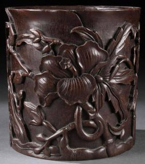 Appraisal: CHINESE CARVED ZITAN WOOD BRUSHPOT A GOOD CHINESE CARVED ZITAN