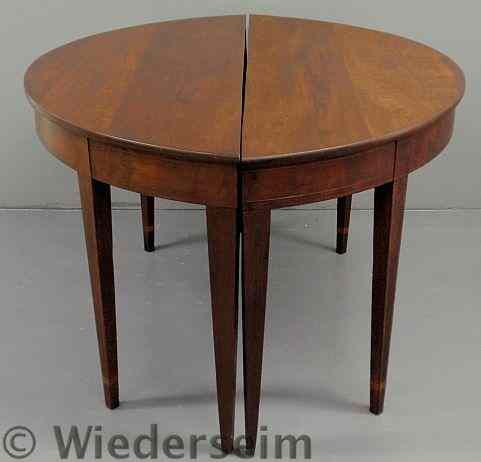 Appraisal: Pair of inlaid mahogany demilune tables with square tapered legs