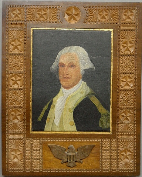 Appraisal: - Oil on board portrait of General George Washington surrounded