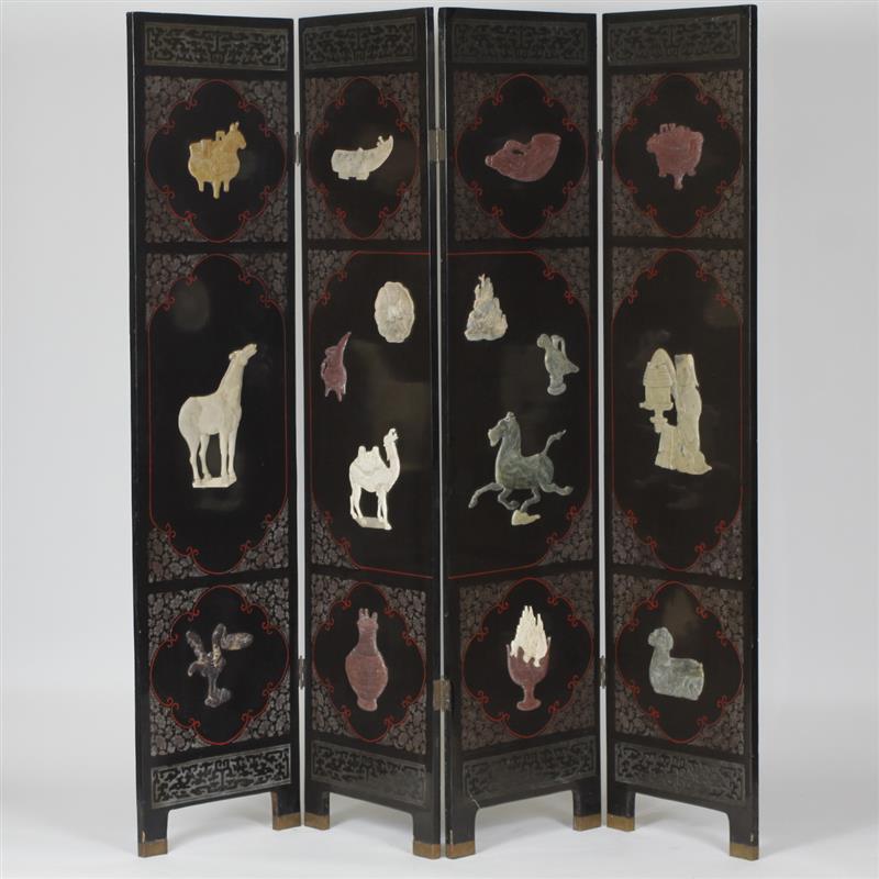 Appraisal: Chinese four panel black lacquer floor screen room divider with